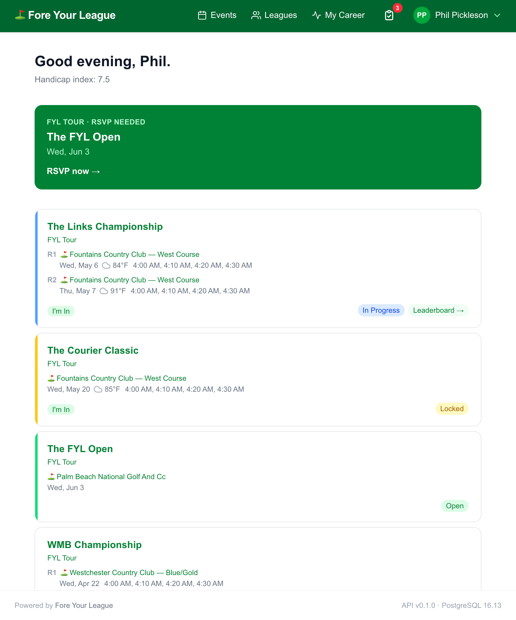 Events dashboard with RSVP needed