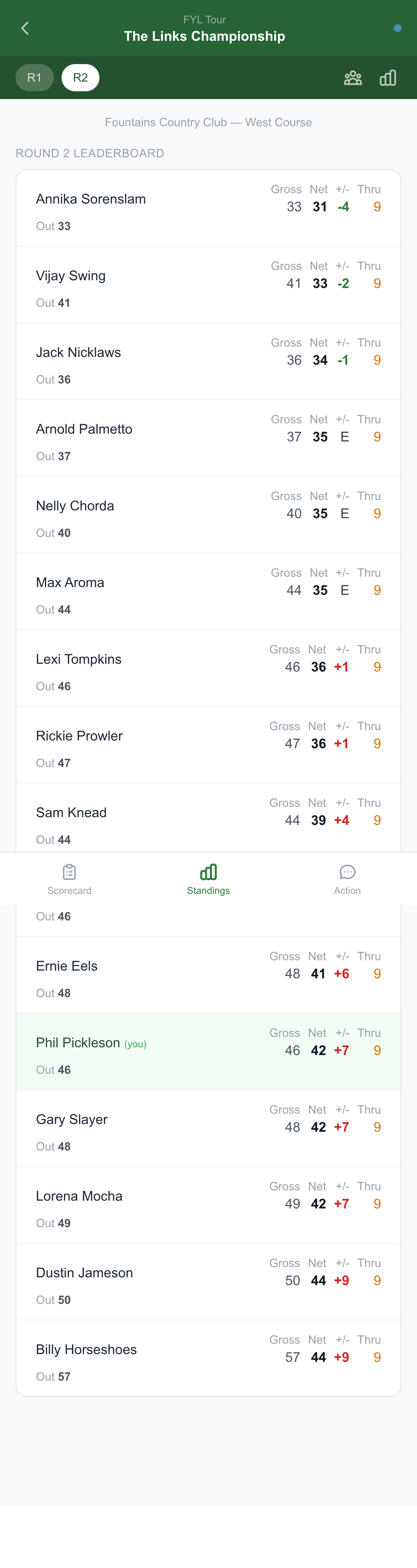 Live round standings on mobile